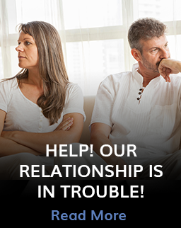 Help_ Graphic showing two people on couples retreat with text "Help, our relationship is in trouble."