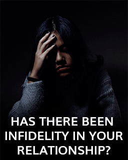 Has there been infidelity Graphic showing two people on couples retreat with text "Has there been infidelity in your relationship"