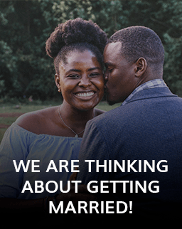 WE ARE THINKING ABOUT GETTING MARRIED Graphic showing two people on couples retreat with text "We are thinking about getting married"