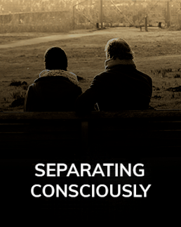 separating consciously no read final Graphic showing two people on couples retreat with text "Seperating conciously"